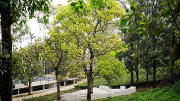 Un parque con árboles, una estructura circular blanca y un edificio con techo.