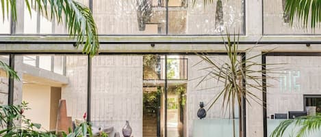 A modern interior with a glass ceiling, indoor plants, and a stone wall.