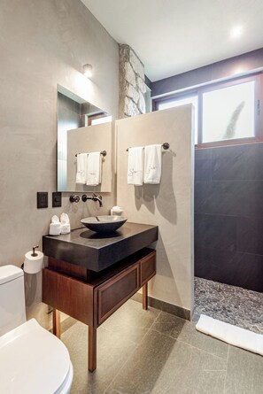 Une salle de bain moderne avec un grand miroir, un lavabo noir et un espace douche.