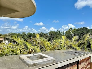 Ein Beton-Außenbecken mit einem Metall-Wasserhahn, umgeben von üppigem Grün und Bäumen unter blauem Himmel.