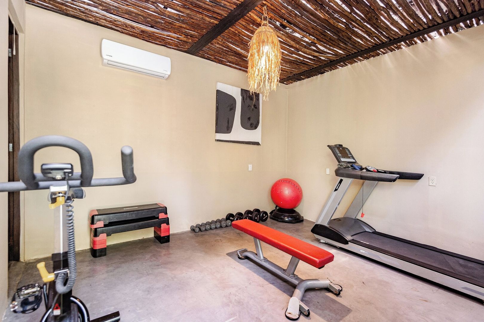 Ein Heimfitnessraum mit Laufband, Bank, Kurzhanteln, Ergometer und Deckenventilator.