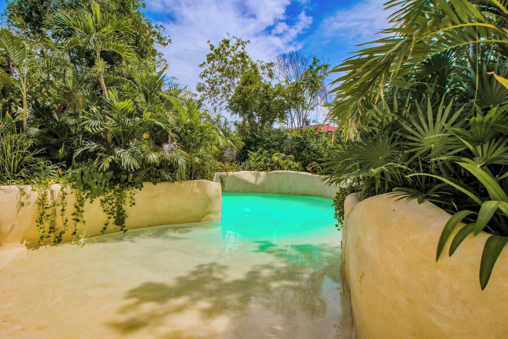 A swimming pool surrounded by lush greenery and a clear blue sky.