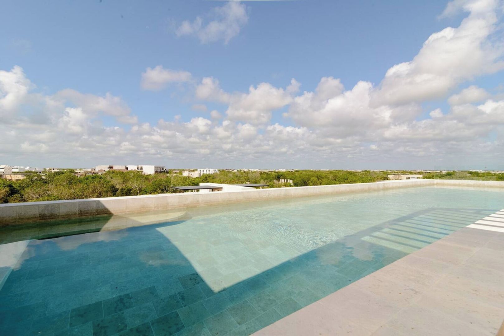 A rooftop infinity pool with a clear view of the city skyline and greenery.