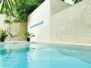 An indoor swimming pool with a clear blue water surface, surrounded by a white wall with a textured finish. There are two potted plants and a single black chair with a wireframe design. - Downtown Tulum Cozy 1bd Apartment (Tulum)