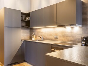 A modern kitchen with grey cabinetry, a stainless steel sink, and a built-in oven. - Apartment in Fugen With Swimming Pool (Fuegen)