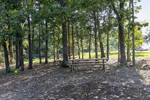A park with a wooden bench surrounded by trees and a grassy area.