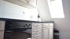 A compact kitchen with a built-in oven, a sink, and a window. - Holiday Home Neuhausen – Attic Apartment / 2 Bedrooms / Wi-Fi (Neuhausen)