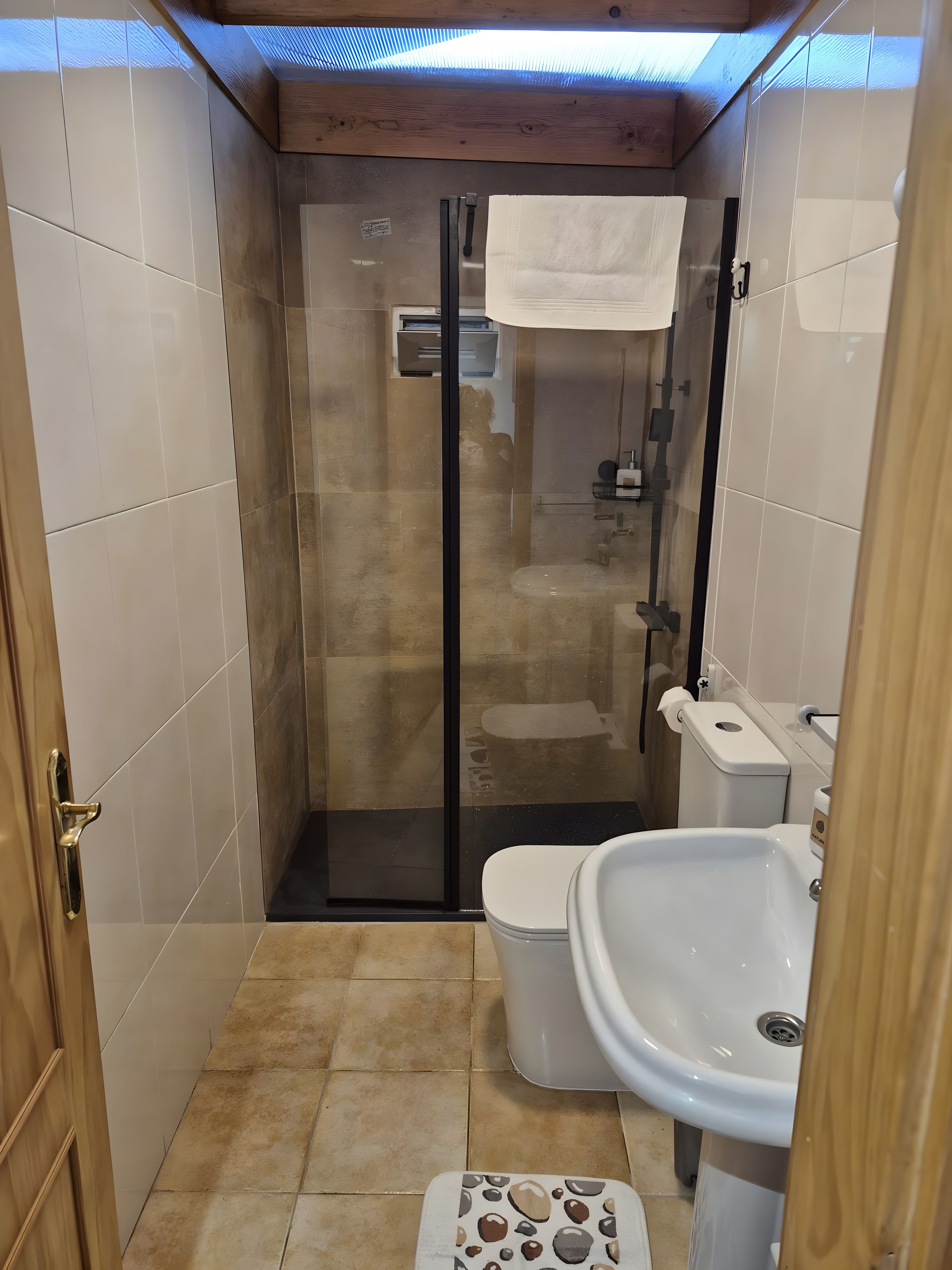 Un baño con cabina de ducha de vidrio, un inodoro y un lavabo.
