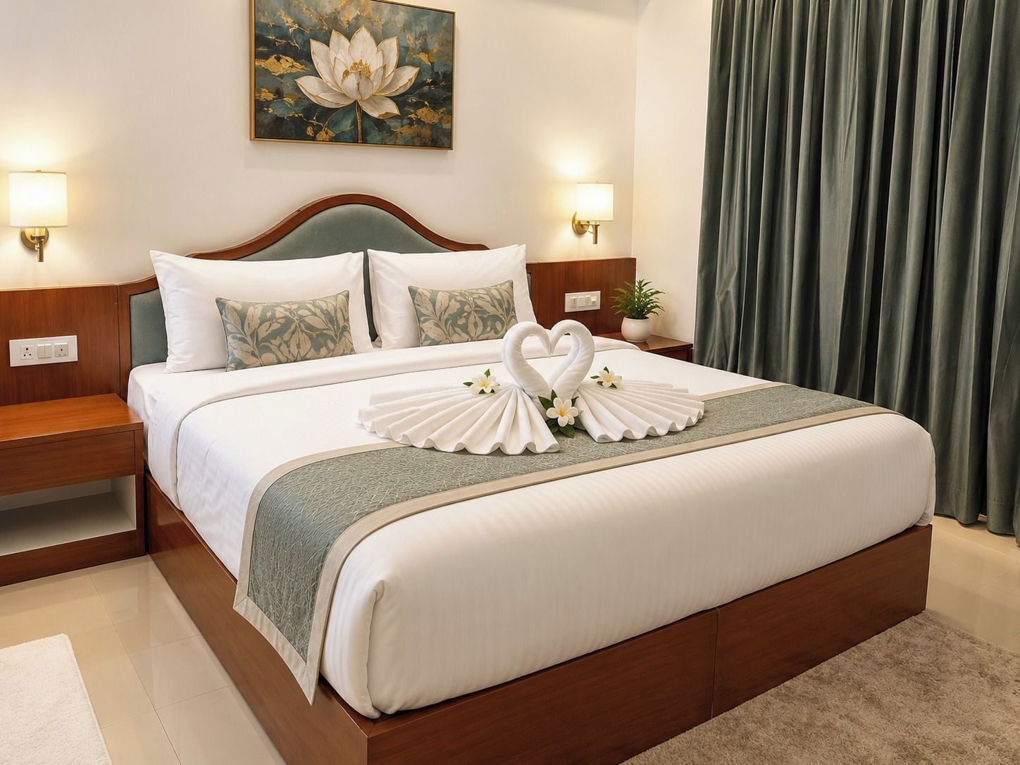 A hotel room with a large bed, two bedside tables, a nightstand, a wall-mounted lamp, a painting, and a curtain.