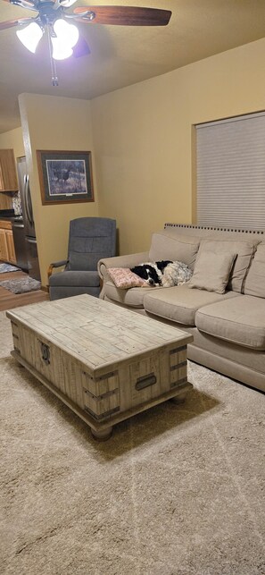 A living room with a beige sofa, a gray armchair, a wooden coffee table, and a ceiling fan. - Adorable 3-bedroom house in pleasant Afton perfect for your getaway (Afton)