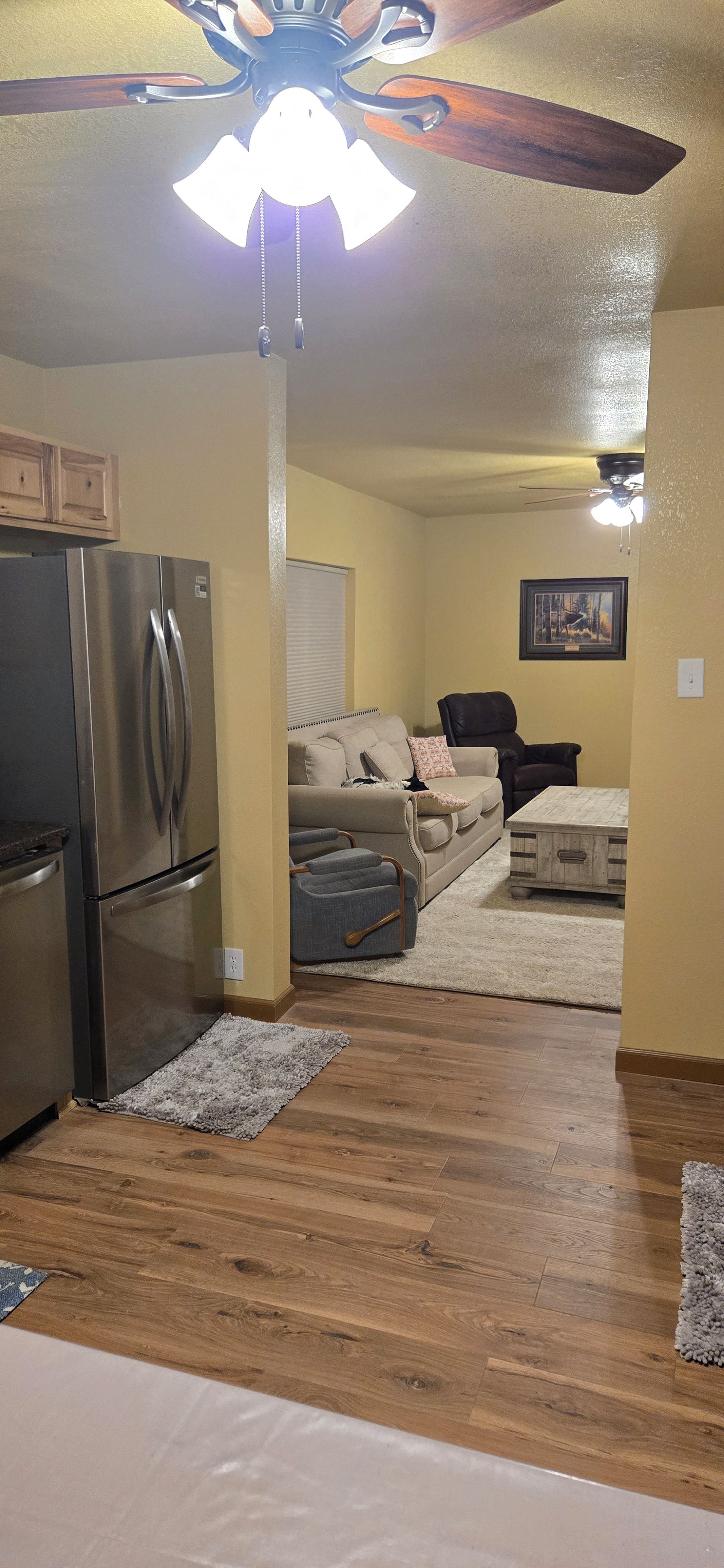 A compact living space with a kitchenette, a ceiling fan, a sofa, and a small table.