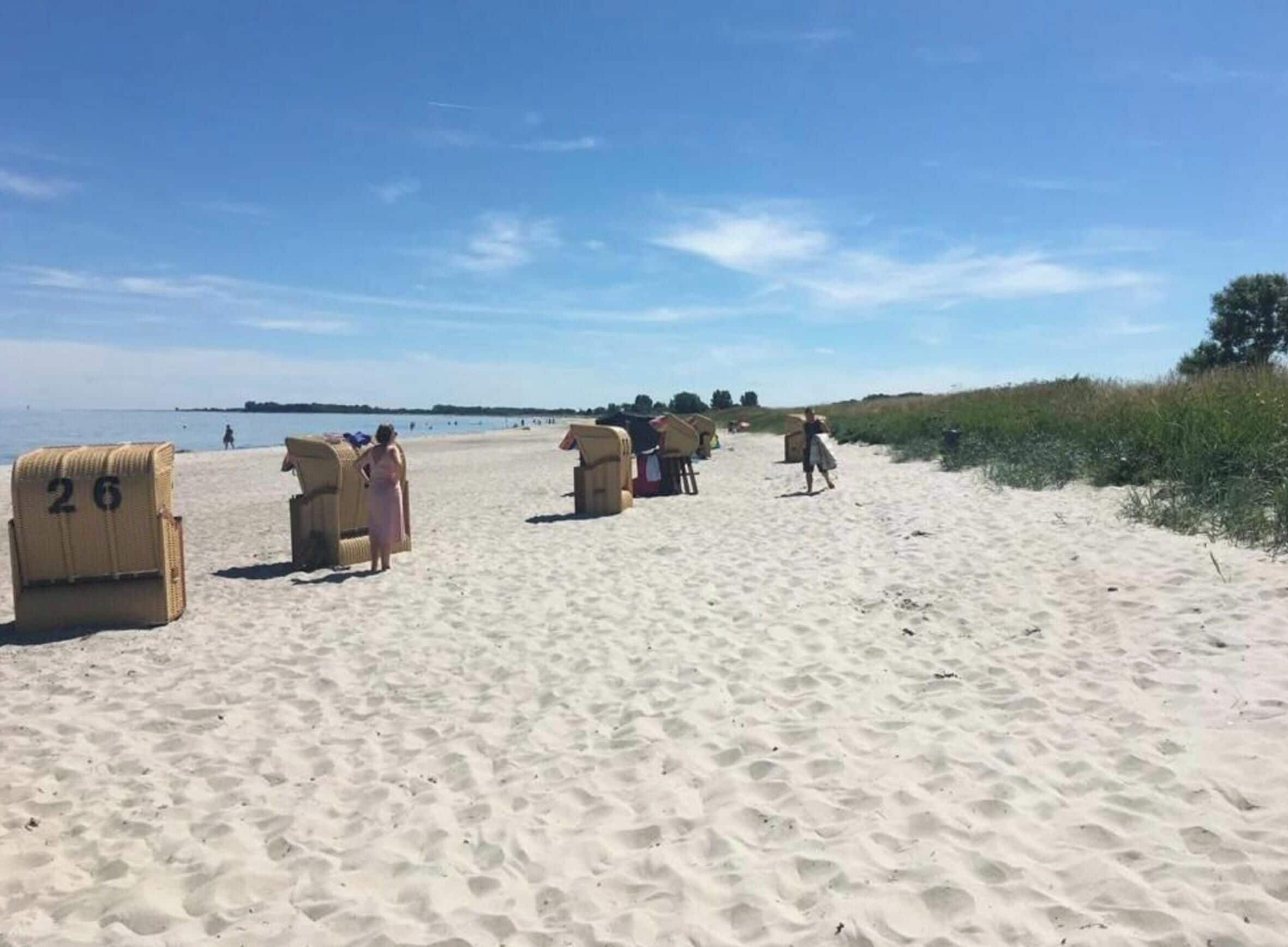 Une plage avec des cabanes de plage numérotées et un ciel dégagé.