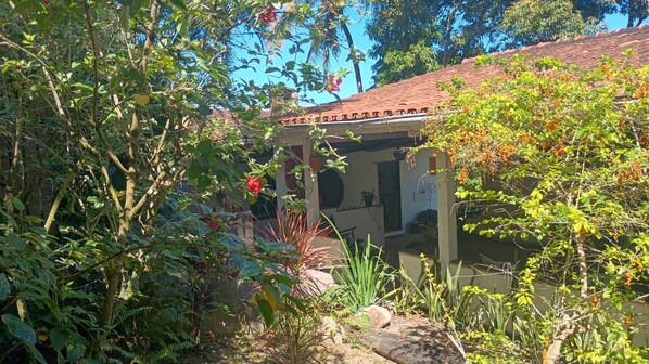A house with a tiled roof, surrounded by dense vegetation and a garden.