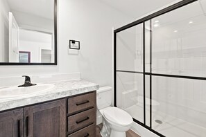 A modern bathroom with a large mirror, a sink, a toilet, and a glass shower enclosure. - NEW Modern Contemporary West Side Retreat (Colorado Springs)