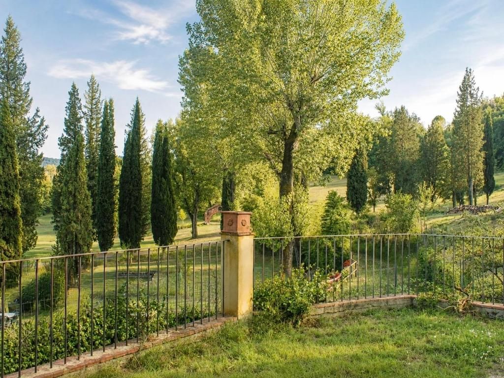 Ein von einer Hecke umgebener Garten mit Bäumen und blauem Himmel.
