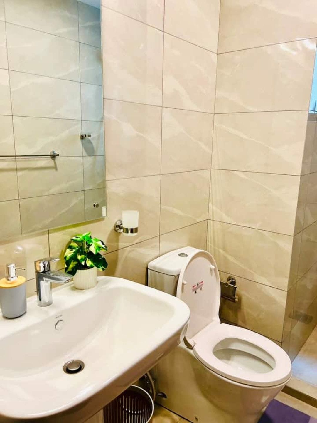 A bathroom with a sink, toilet, and a mirror.