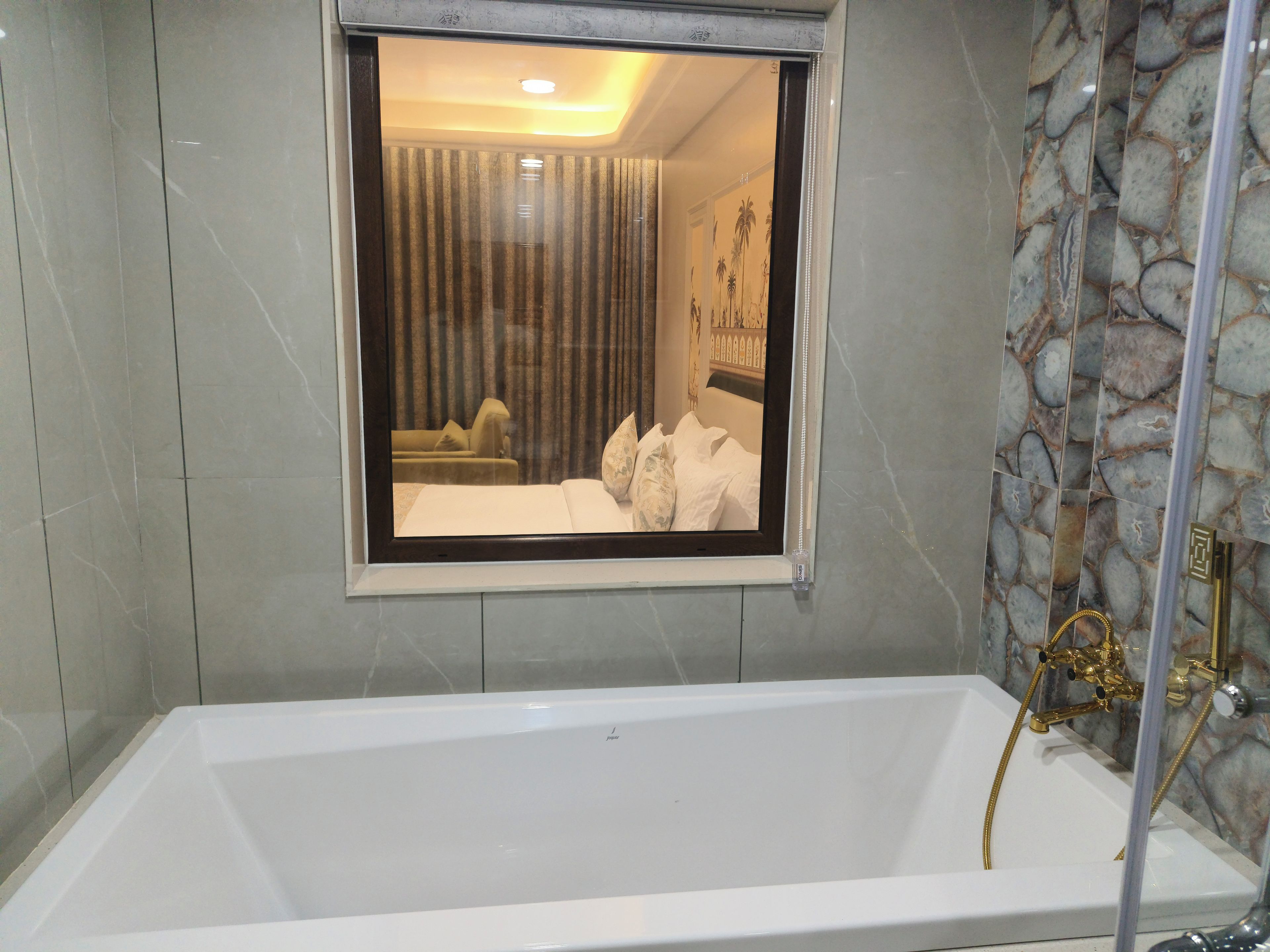 A bathroom with a bathtub, a shower, and a window with a view of a bedroom.