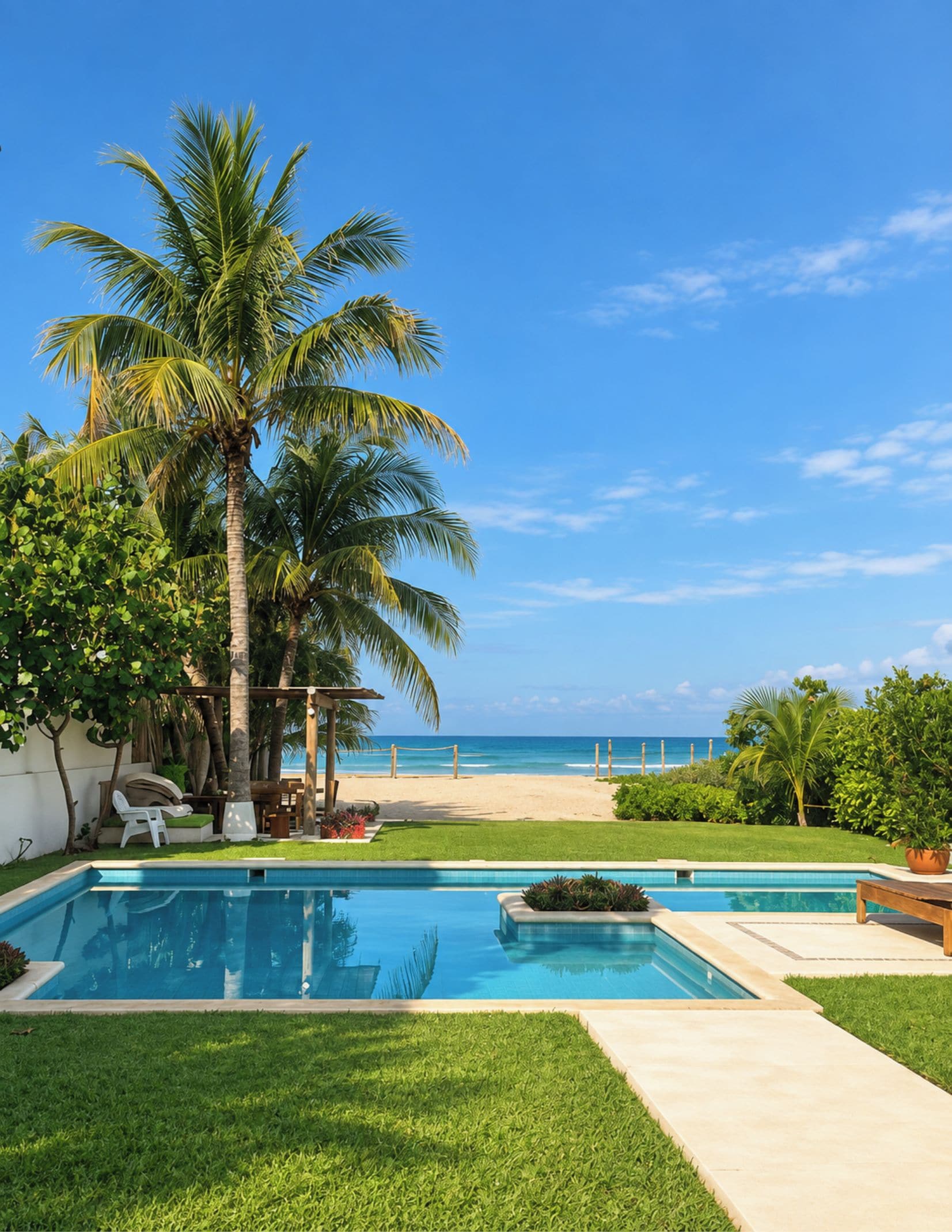 A pool area with a view of the beach and ocean.