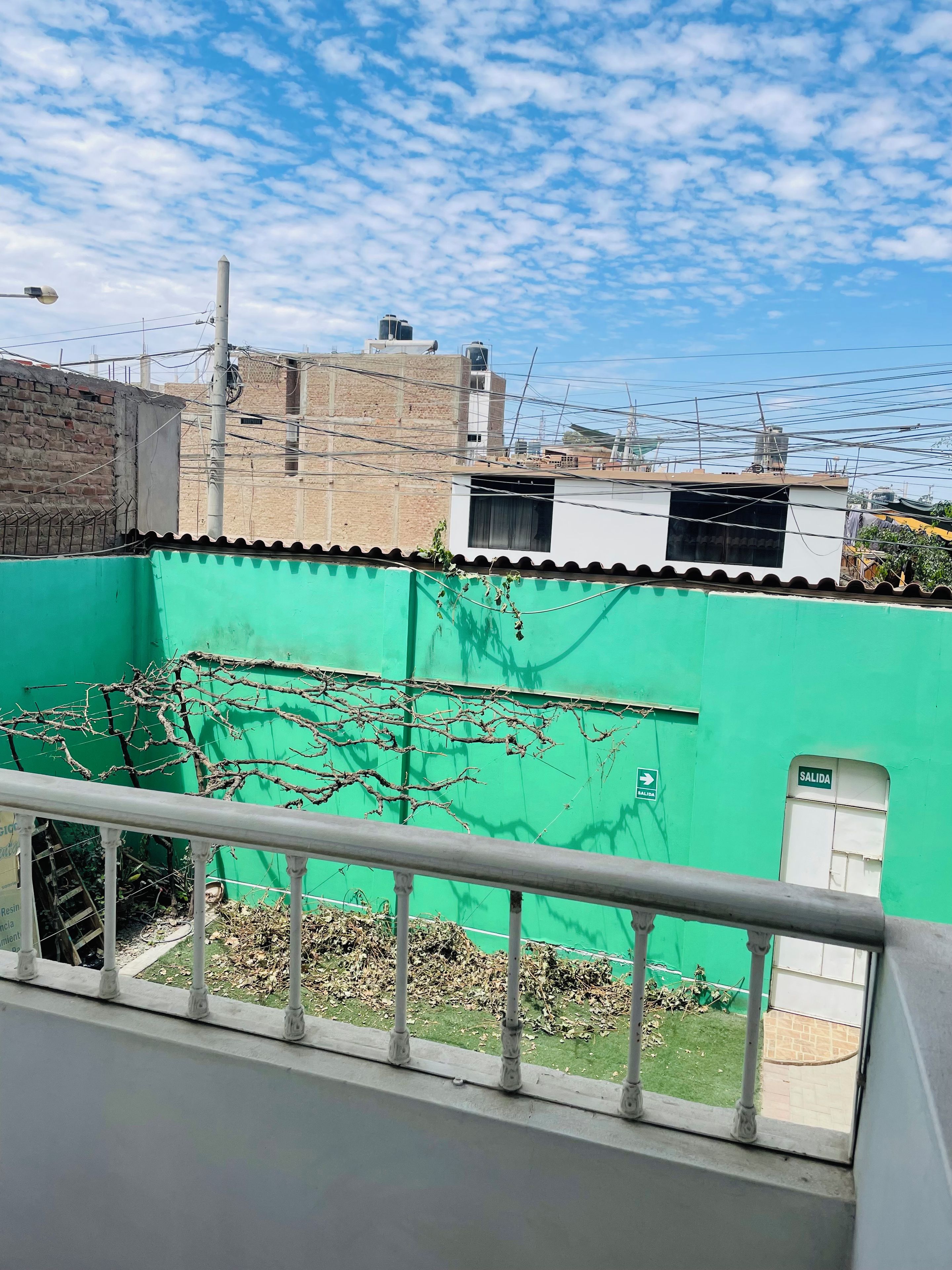 A view from a balcony with a green wall, a metal railing, and a window with a sign reading 'SALIDA'.