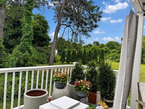 A covered outdoor area with a white railing, potted plants, and a view of a green landscape.