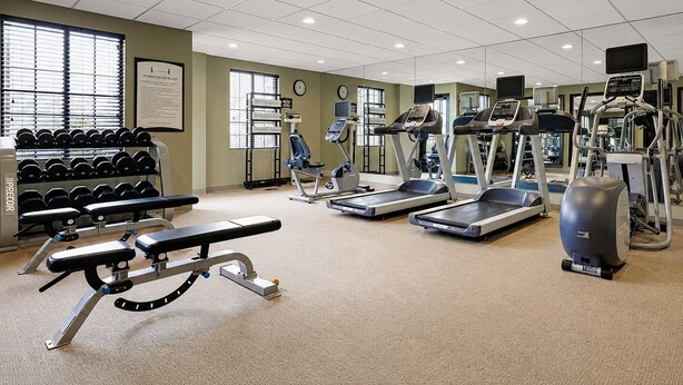 A fitness room with treadmills, elliptical machines, a bench press, and dumbbells.