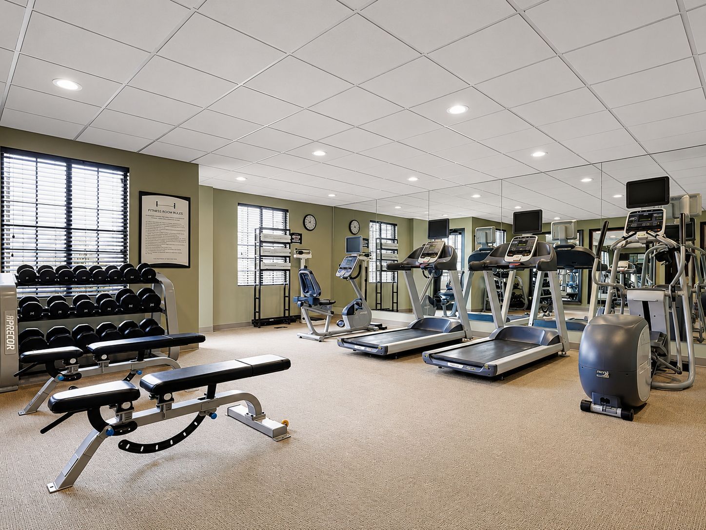 Une salle de remise en forme équipée de tapis de course, de vélos elliptiques, d’un banc de développé couché et d’haltères.