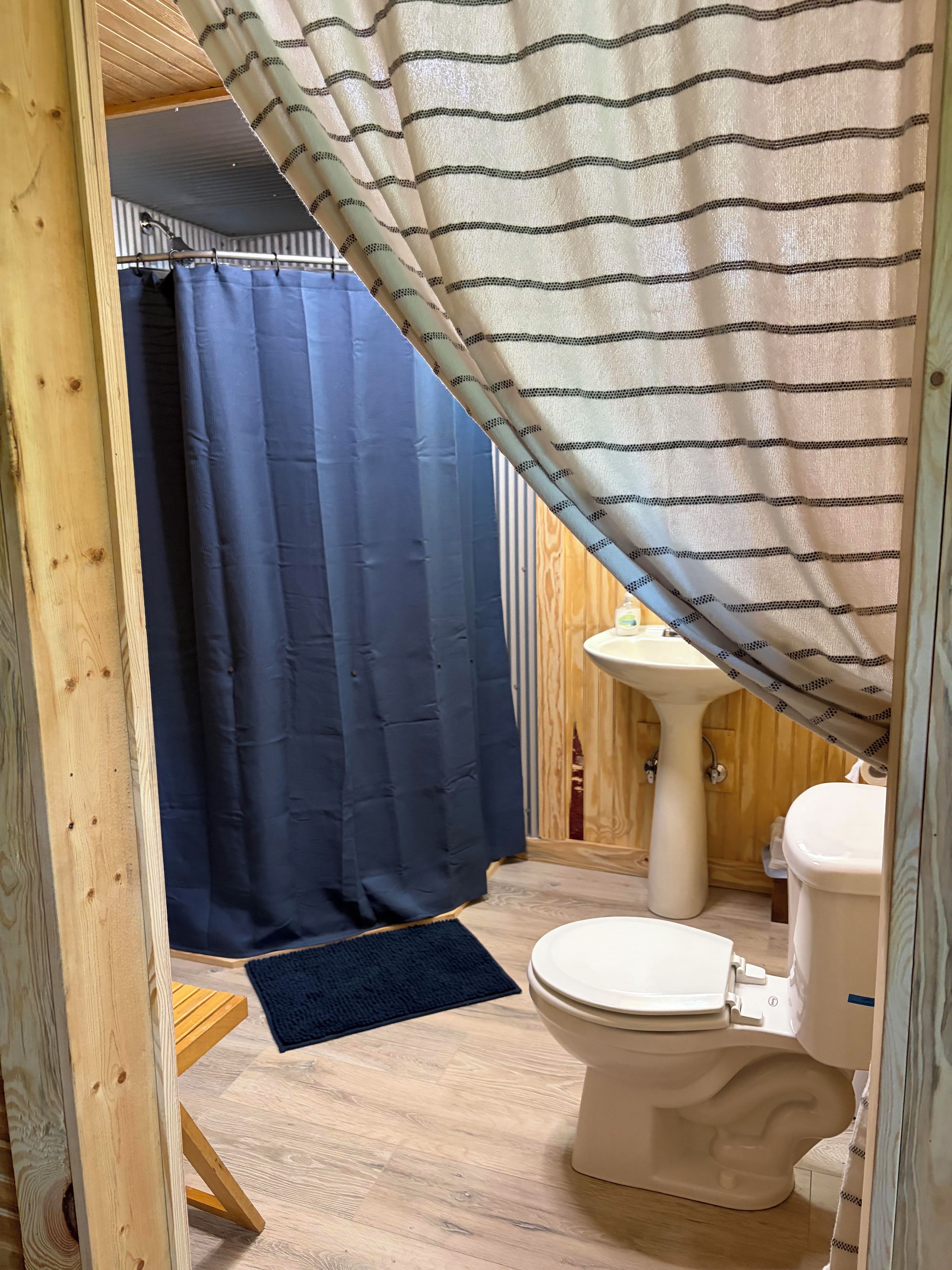 A bathroom with a shower curtain, a sink, and a toilet.