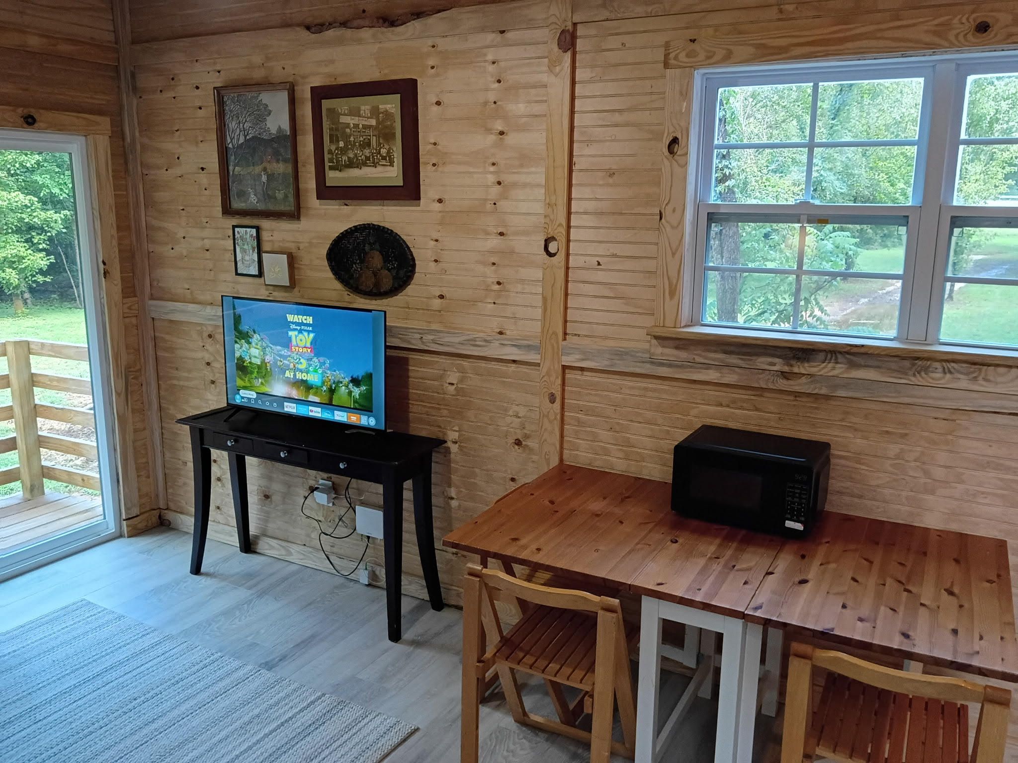 Interior de una cabaña de madera con una televisión sobre una mesa, un microondas y una ventana que da a zonas verdes.