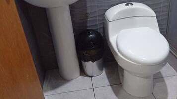 A bathroom with a white sink, toilet, and trash bin.
