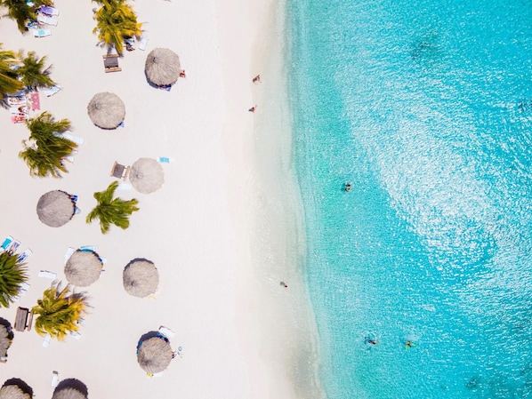A beach with clear turquoise water, white sand, and several thatched umbrellas. - BIKINI (Willemstad)