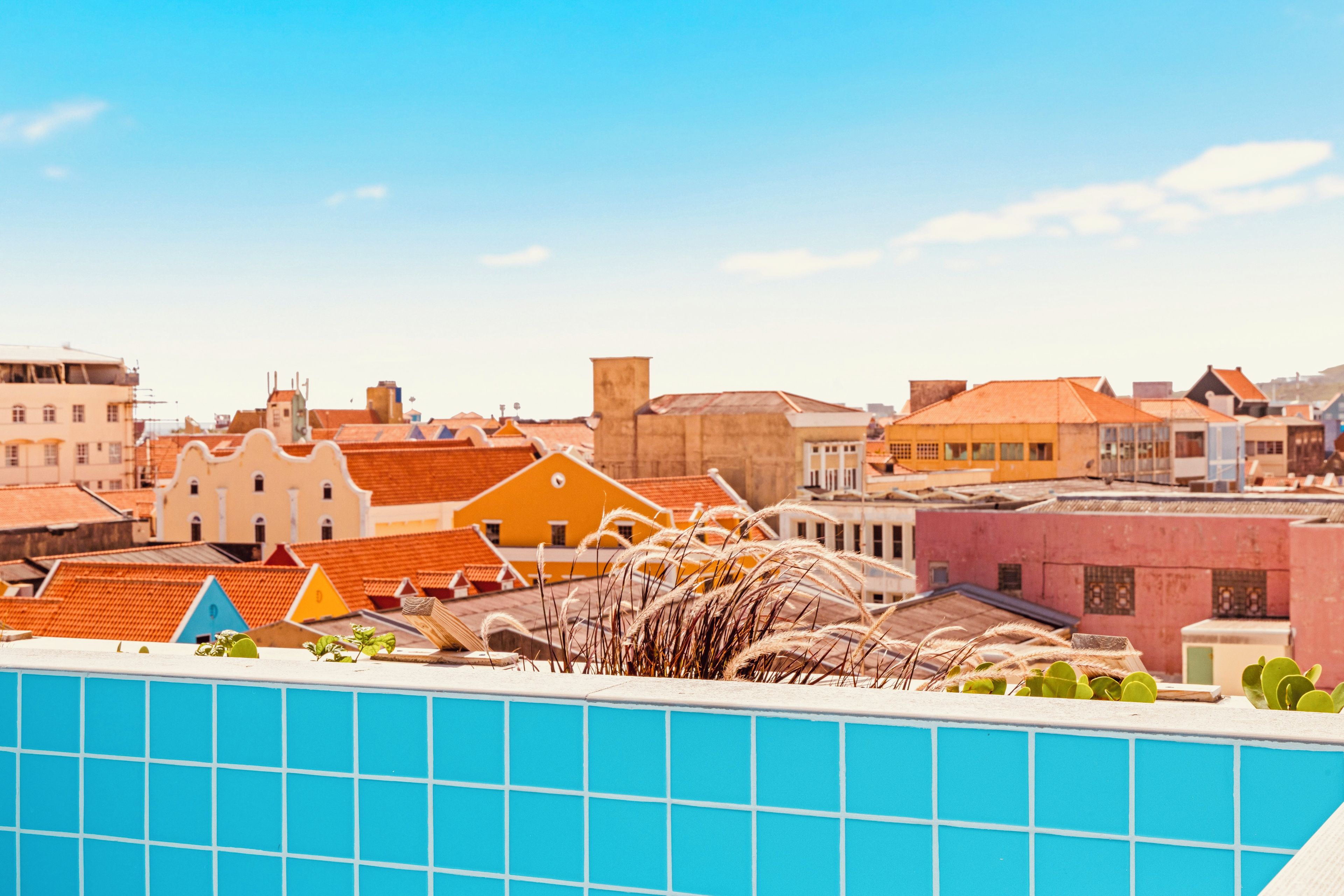 A rooftop pool with a view of a cityscape.