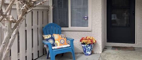 A blue chair with a floral cushion outside a house, a potted plant with flowers, and a closed door.