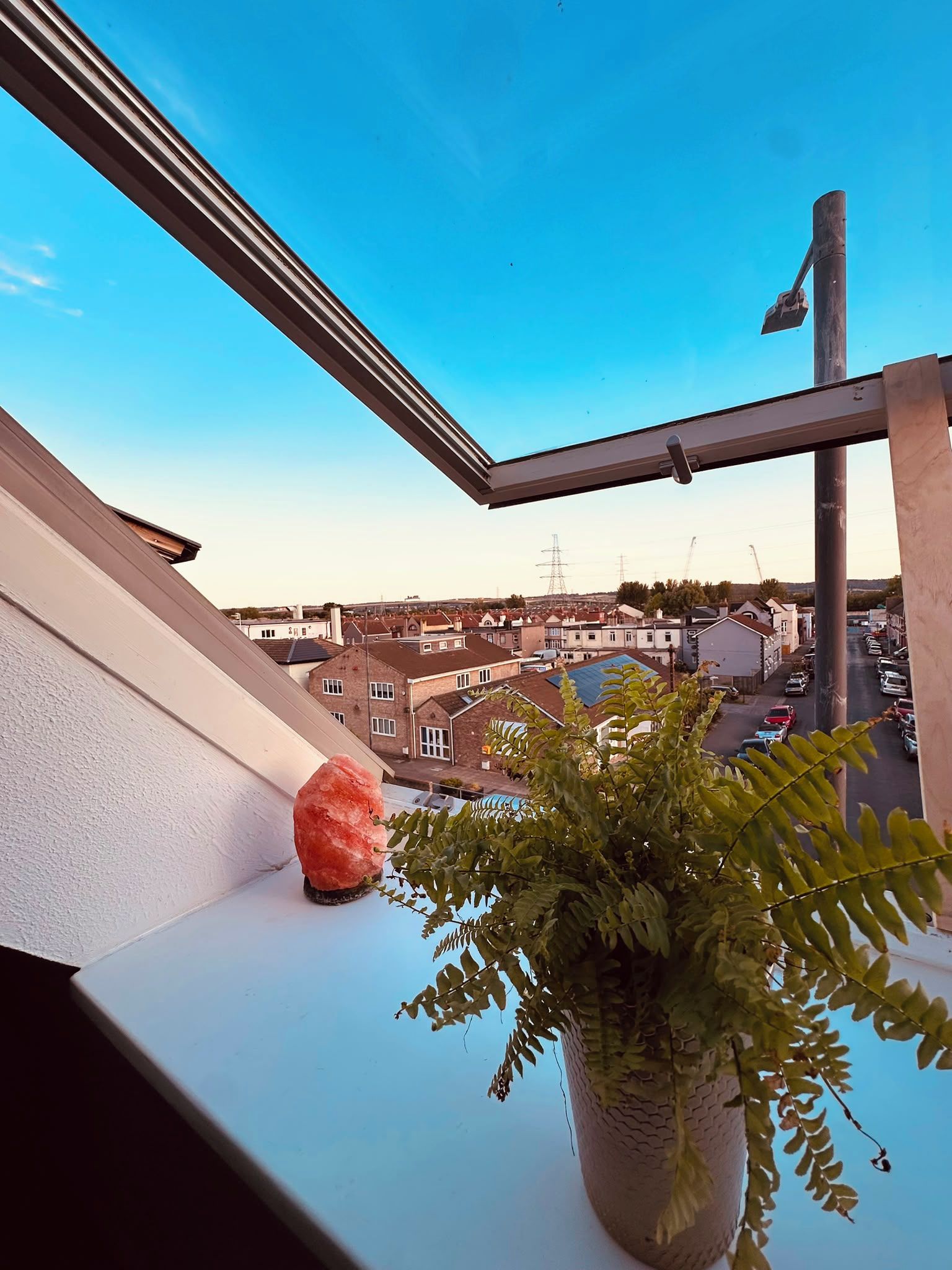 Un balcone con una pianta in vaso e una roccia decorativa.