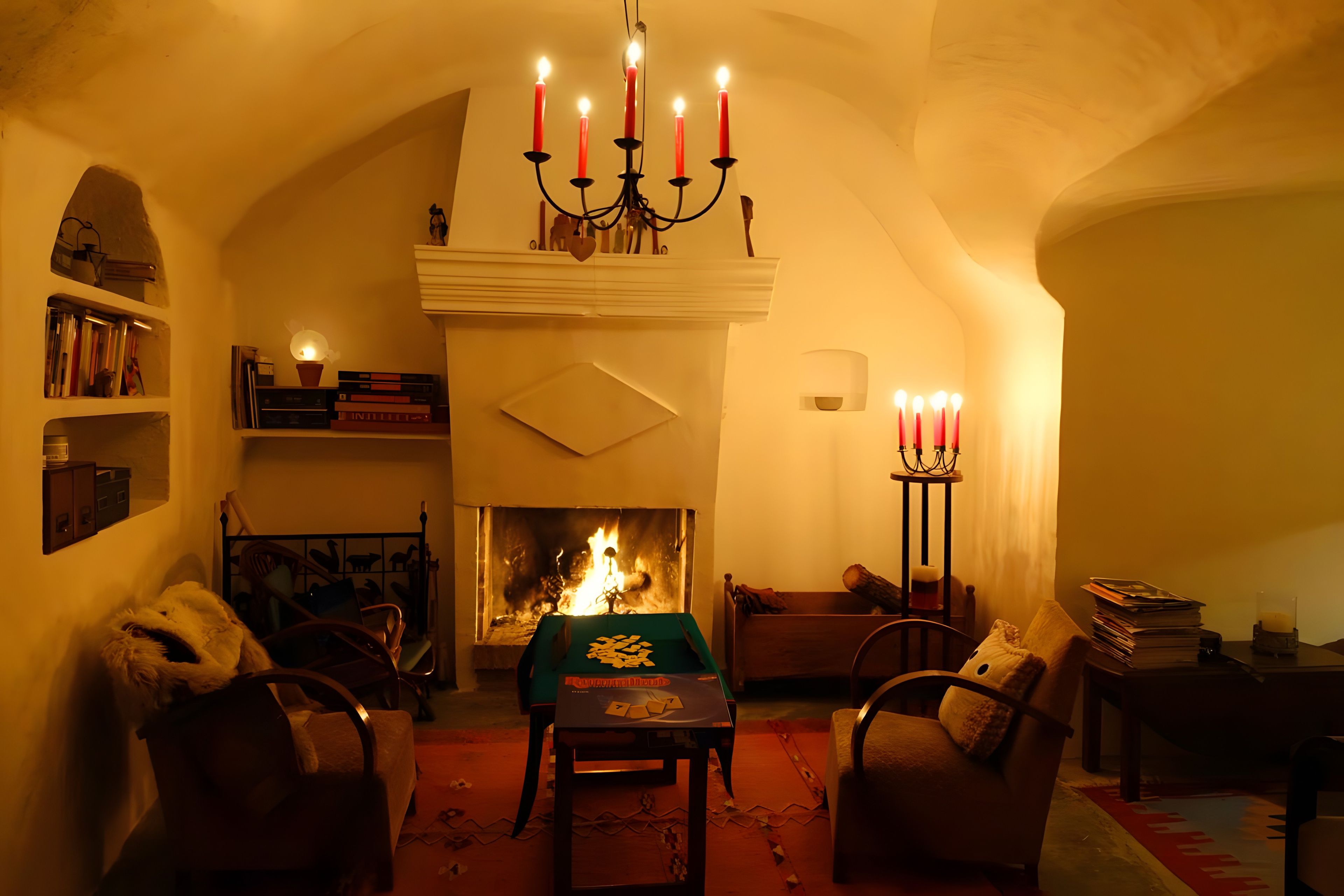 A cozy living room with a fireplace, bookshelves, a chandelier, and a comfortable seating area.