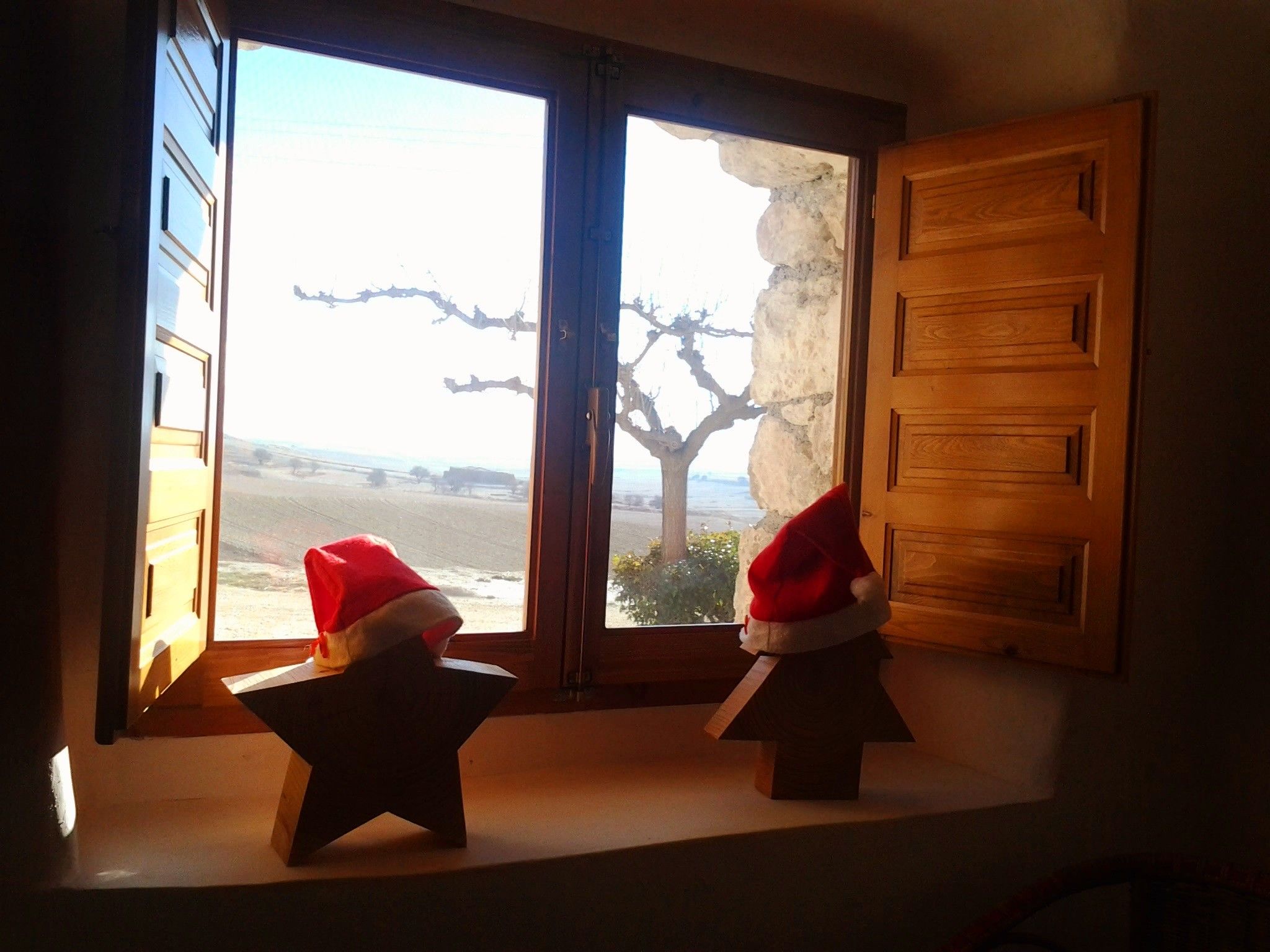 Una habitación con un ventanal grande, una puerta de madera y dos objetos con forma de estrella en el alféizar.