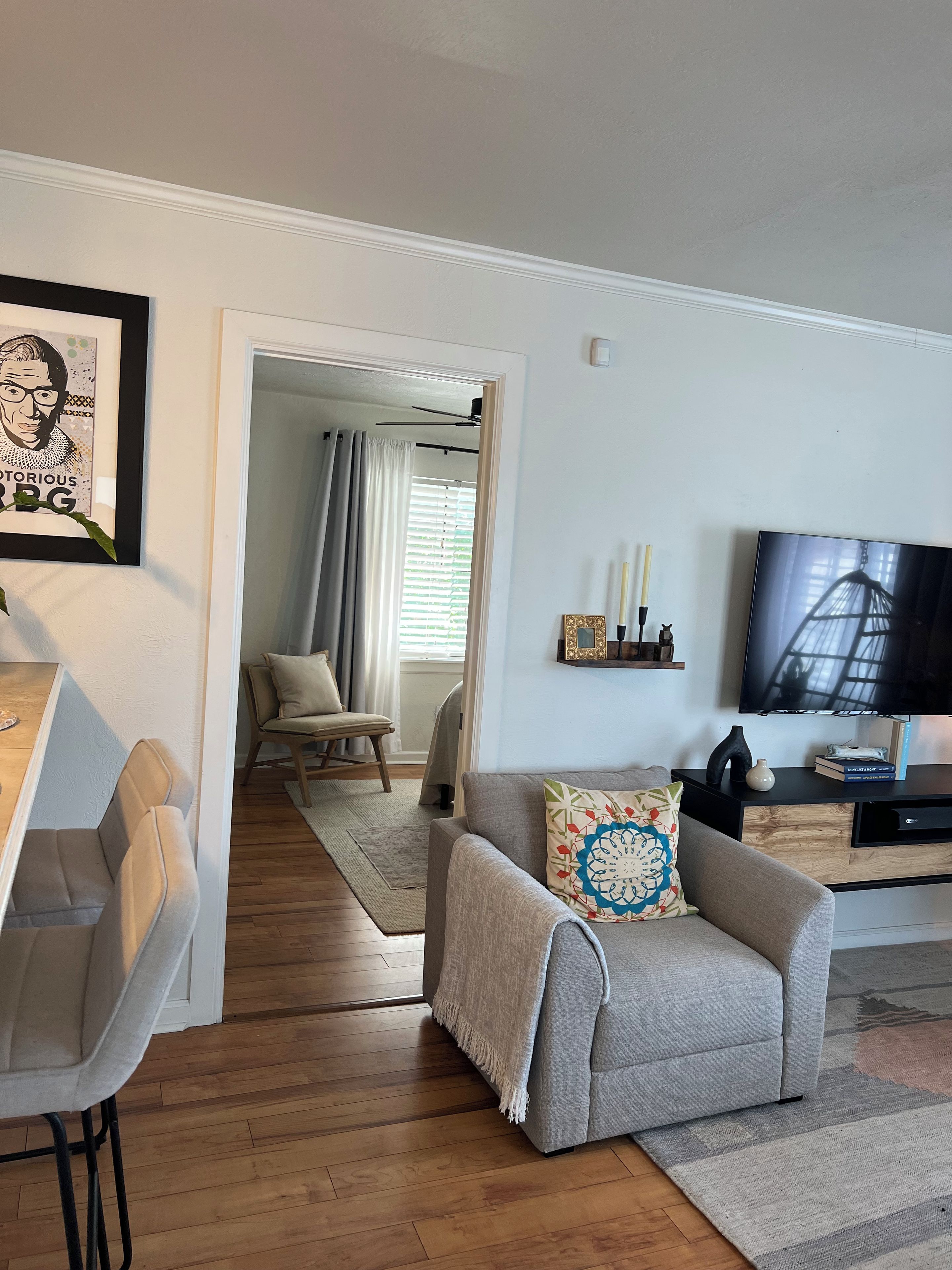 A living room with a grey sofa, a TV, a framed picture, and a dining area with a table and chairs.