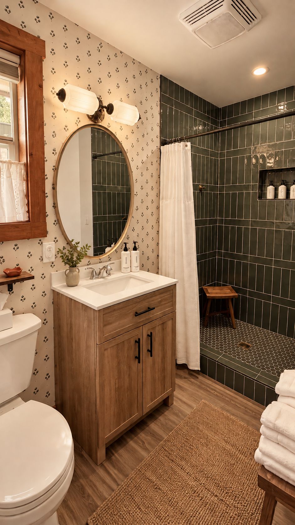 A bathroom with a wooden vanity, a round mirror, a toilet, a shower with a glass door, and a patterned wall.