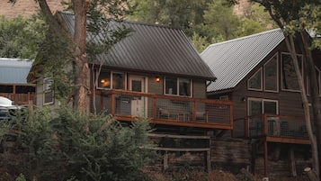 Une cabane rustique avec un toit en métal, une terrasse en bois et une véranda entourée d’une clôture.
