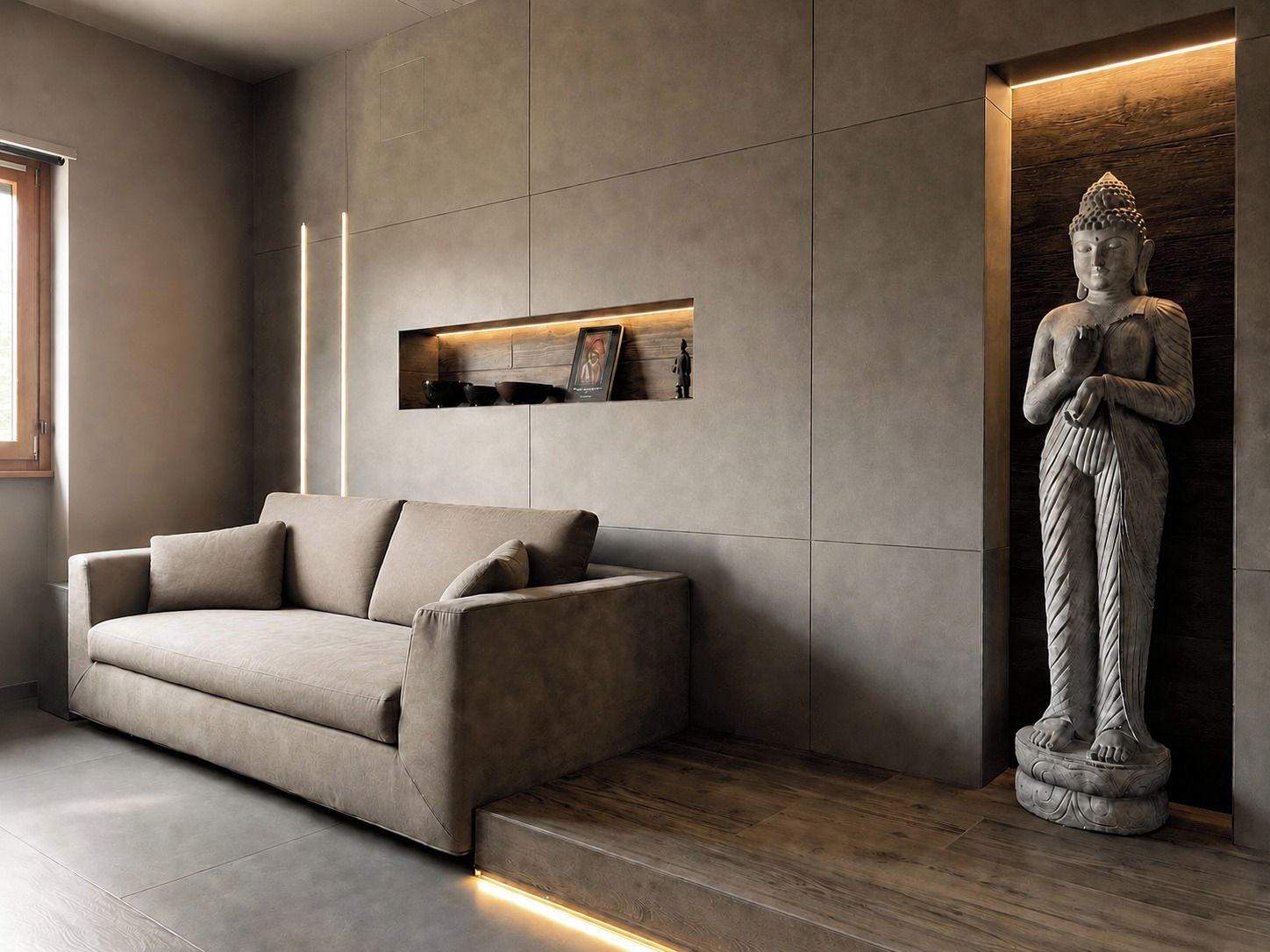 Ein modernes Interieur mit einer Couch, einer Buddha-Statue und einem Regal mit Dekorationen.