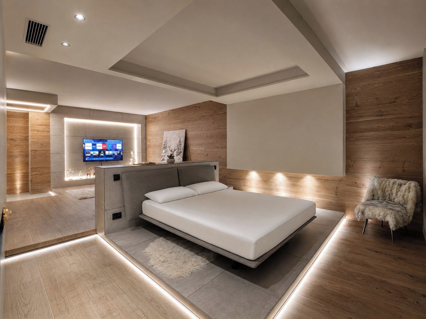 Ein modernes Schlafzimmer mit einem Bett, einem Fernseher und einer Wand als Holzdekor.