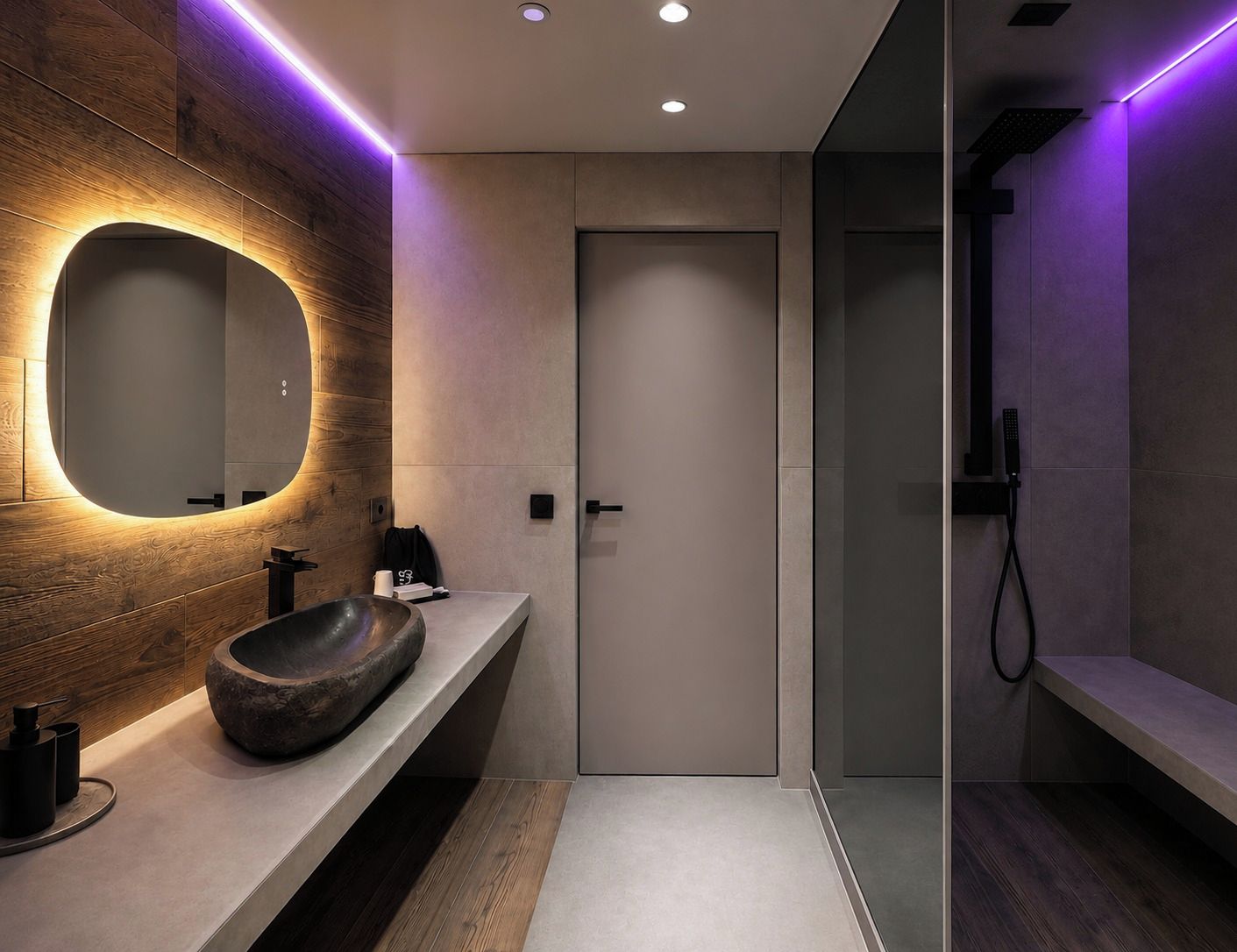 A modern bathroom with a round mirror, a stone basin, and a shower area.
