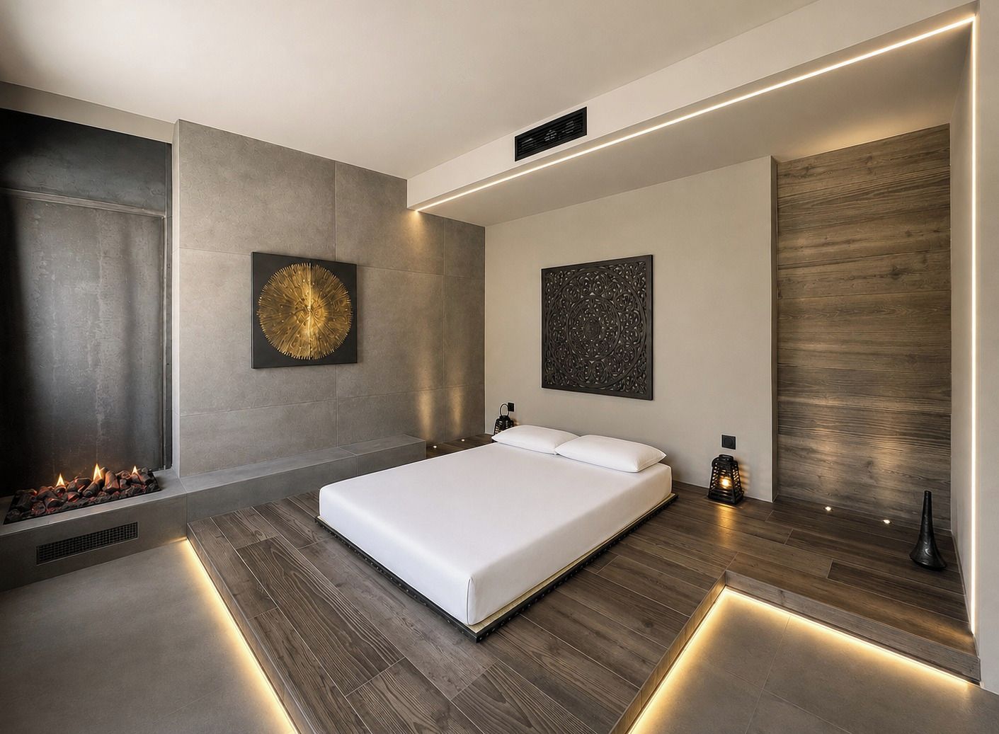 A modern bedroom with a large bed, a fireplace, and decorative wall art.