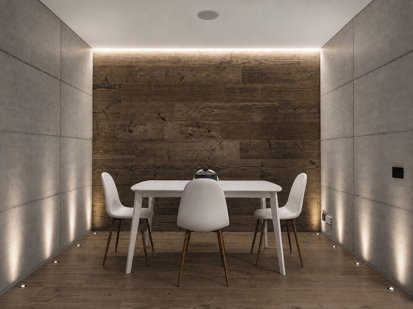 Een modern interieur met een witte tafel en stoelen, een houten accentmuur en inbouwverlichting.