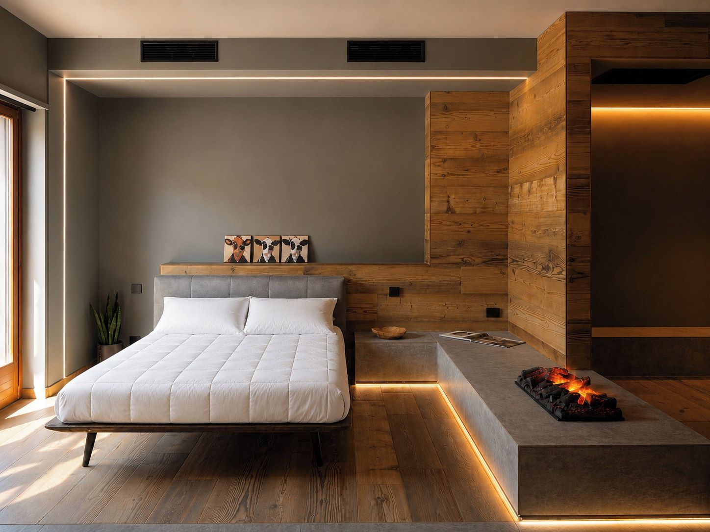 A modern bedroom with a bed, a wooden accent wall, and a built-in fireplace.