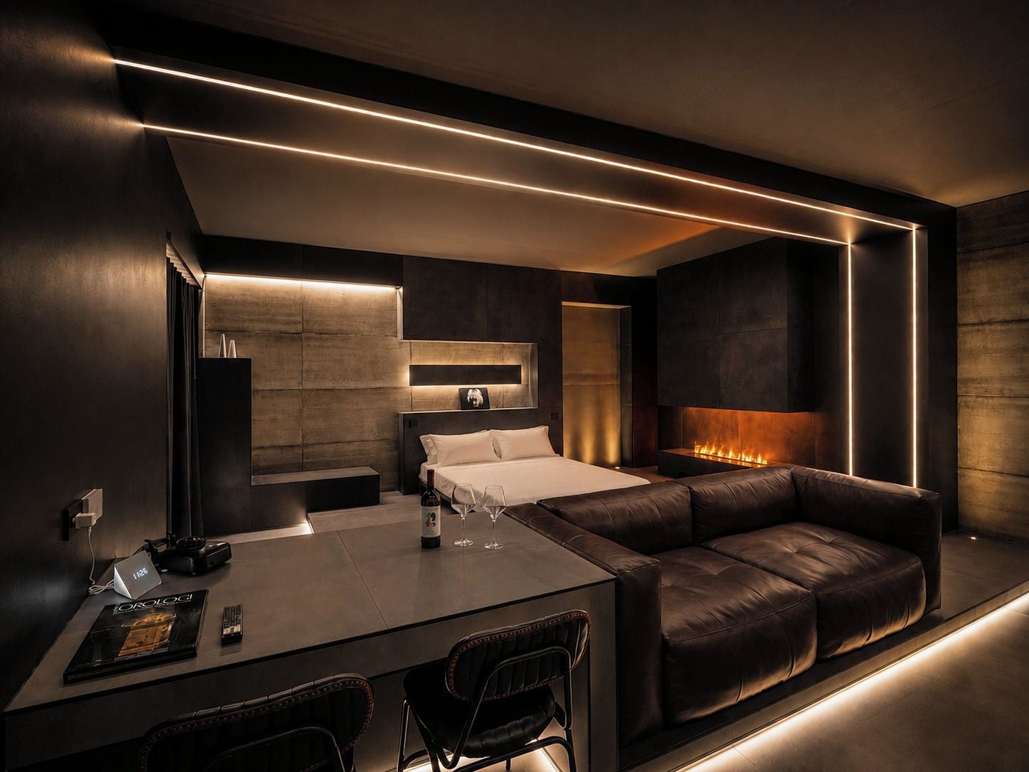 A modern bedroom with a bed, a fireplace, a desk, and a leather sofa.