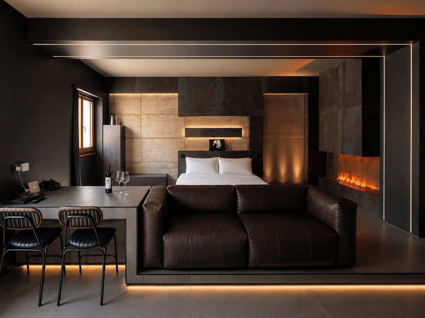 Ein modernes Schlafzimmer mit einem Bett, einem Sofa, einem Schreibtisch mit Stühlen und einem Kamin.