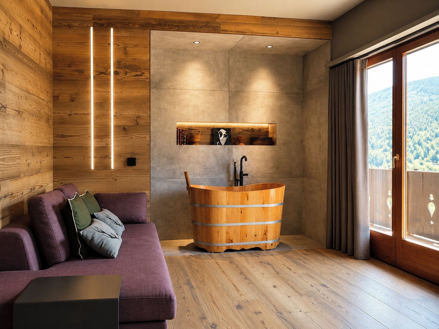 Un baño moderno con una bañera de madera, un sofá y vistas al exterior.