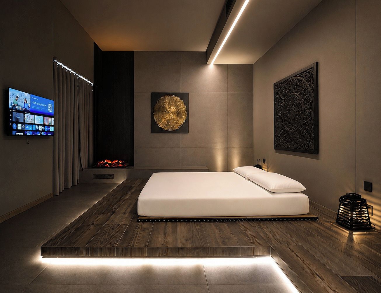 Ein modernes Schlafzimmer mit einem großen Bett, einem Flachbildfernseher und dekorativer Wandgestaltung.