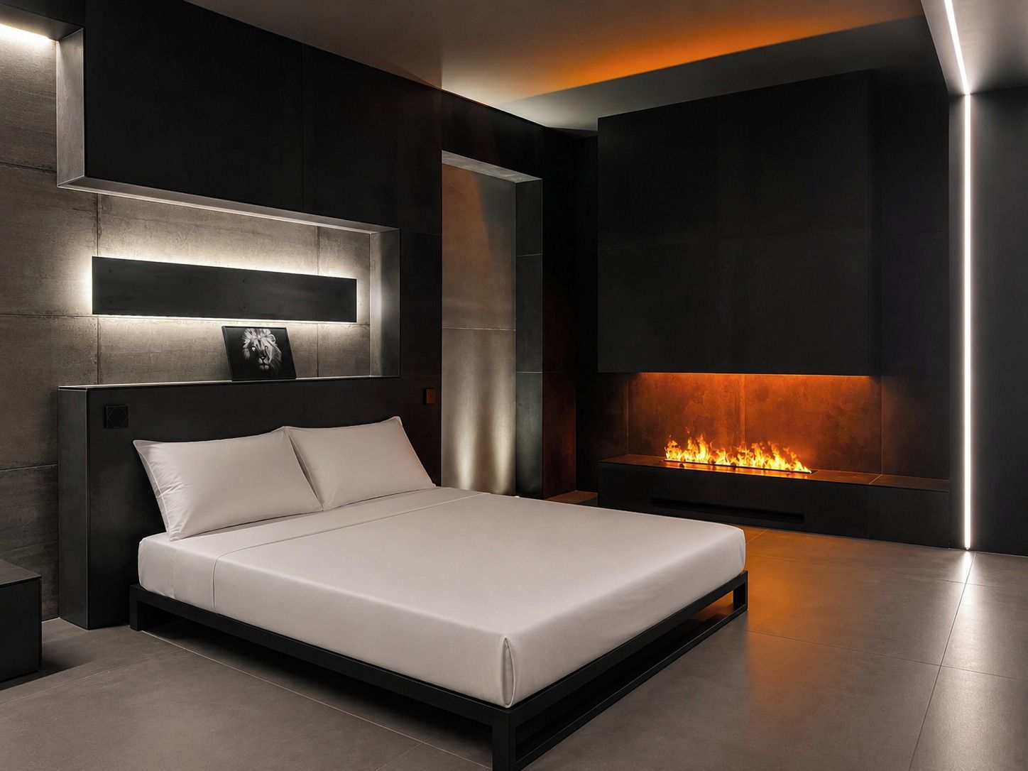 A modern bedroom with a bed, a wall-mounted shelf, and a fireplace.
