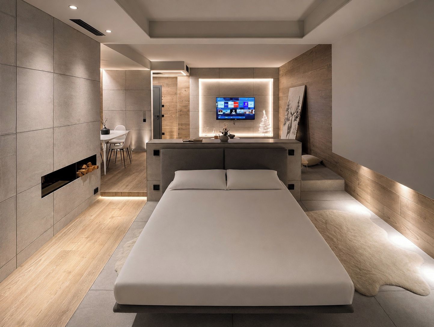 Quarto moderno com cama, escrivaninha e TV fixada na parede.